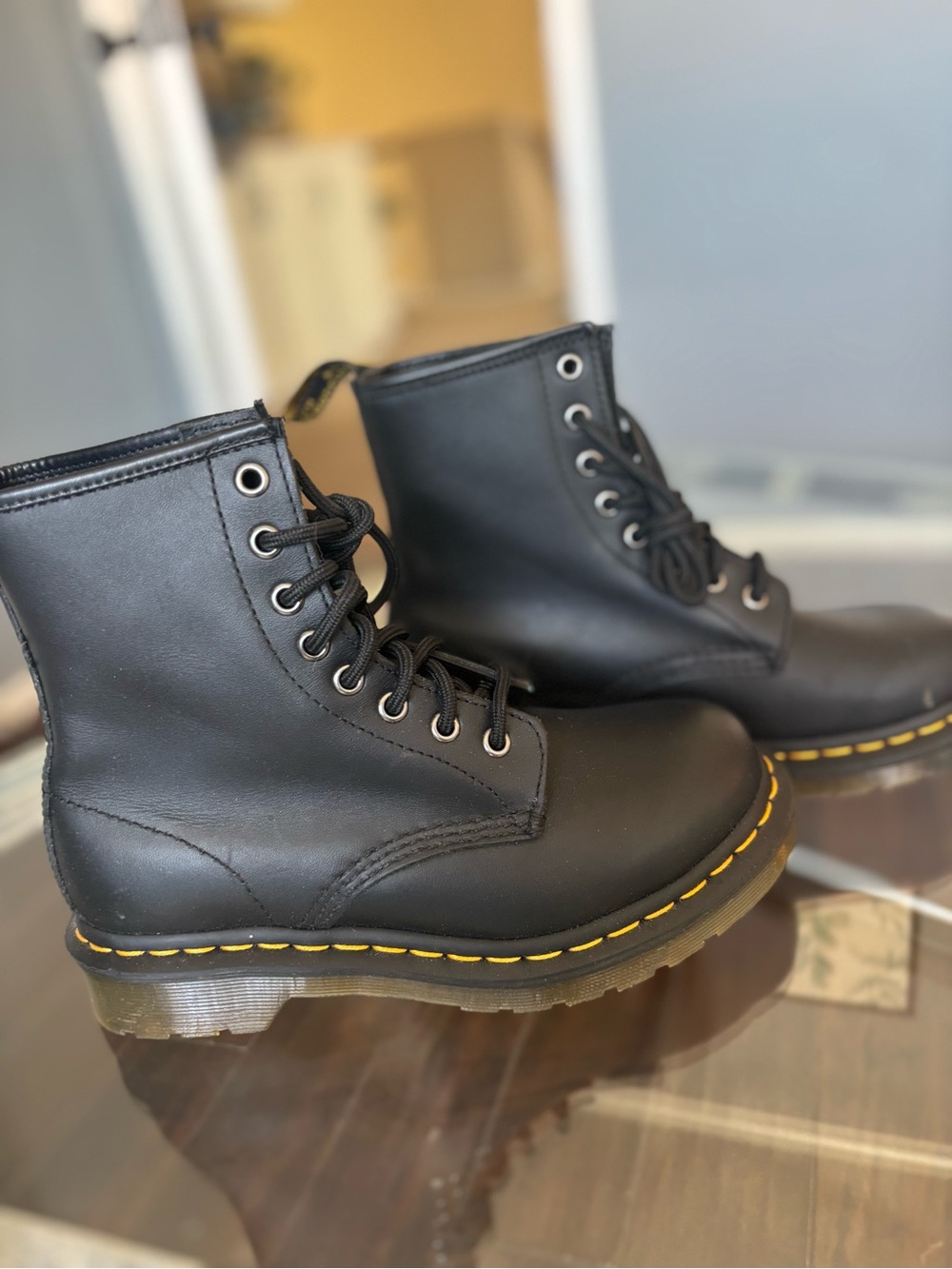 New! Dr. martens Black Leather Lace-Up Combat Boots with Yellow Stitching size 6